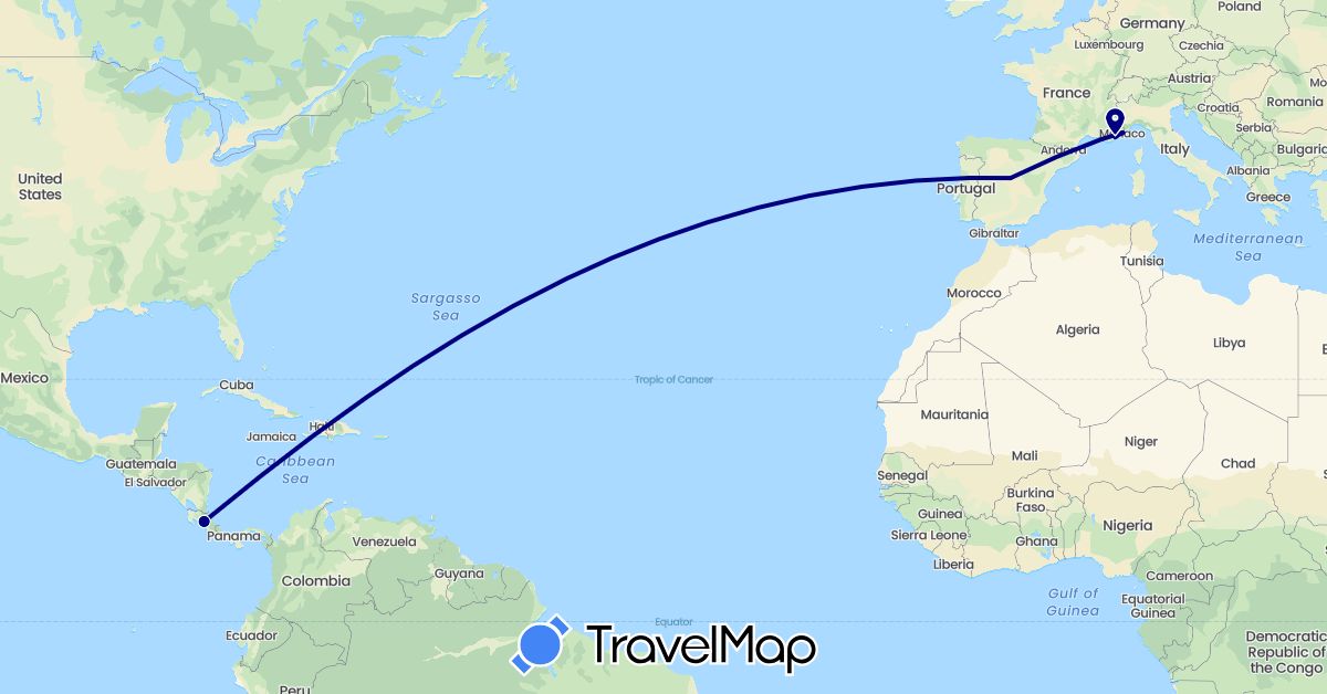 TravelMap itinerary: driving in Costa Rica, Spain, France (Europe, North America)